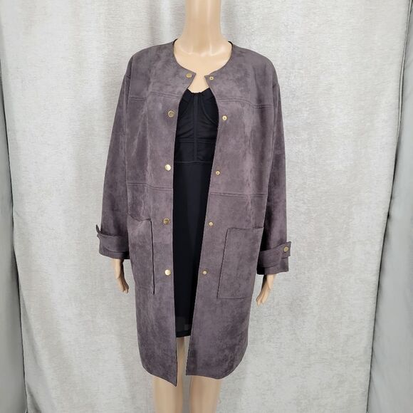 BLVD Dark Gray Poly Sueded Long Line Trench Coat Duster Jacket Snap Closures - Picture 9 of 15